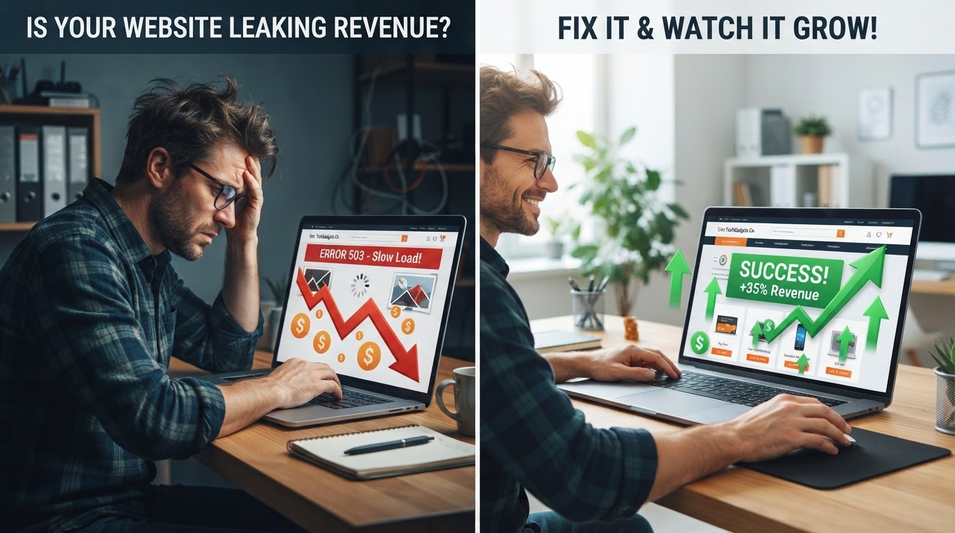 A frustrated small business owner watching revenue leak away from a broken, slow website, contrasted with a clean modern site generating call notifications