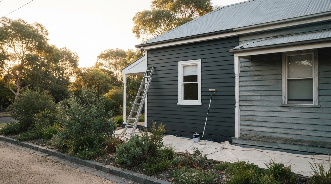 Melbourne home exterior mid-repaint, freshly painted charcoal weatherboards with crisp white trims alongside the faded original finish