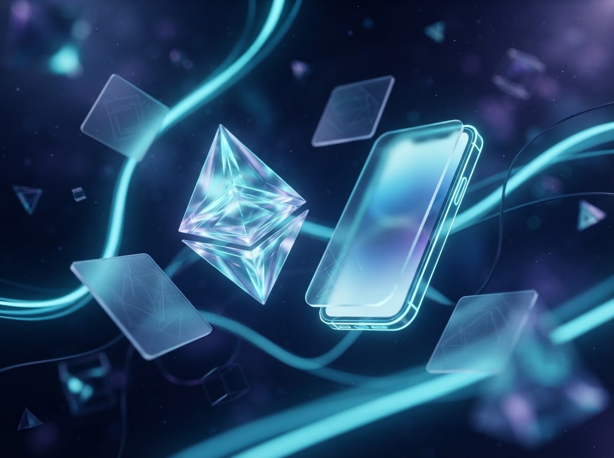 Visual Alchemy Studio creative technology visual — luminous abstract product forms and a glowing messaging interface