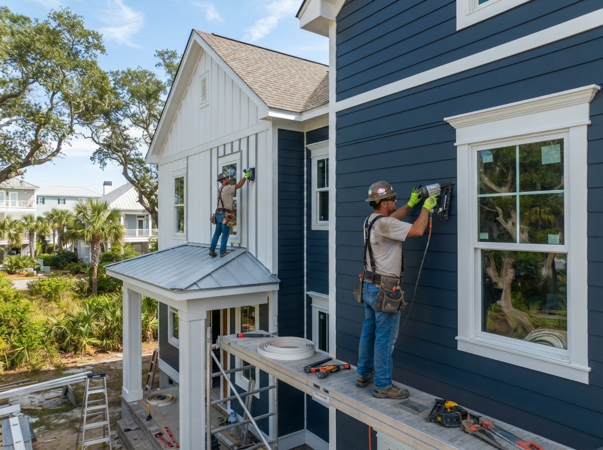 Craftsmen installing new James Hardie fiber cement siding and board and batten panels on a Wilmington NC residence