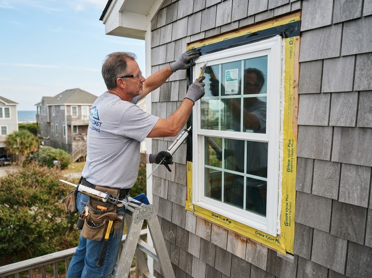 Professional window installation craftsman fitting a replacement window on a coastal North Carolina home