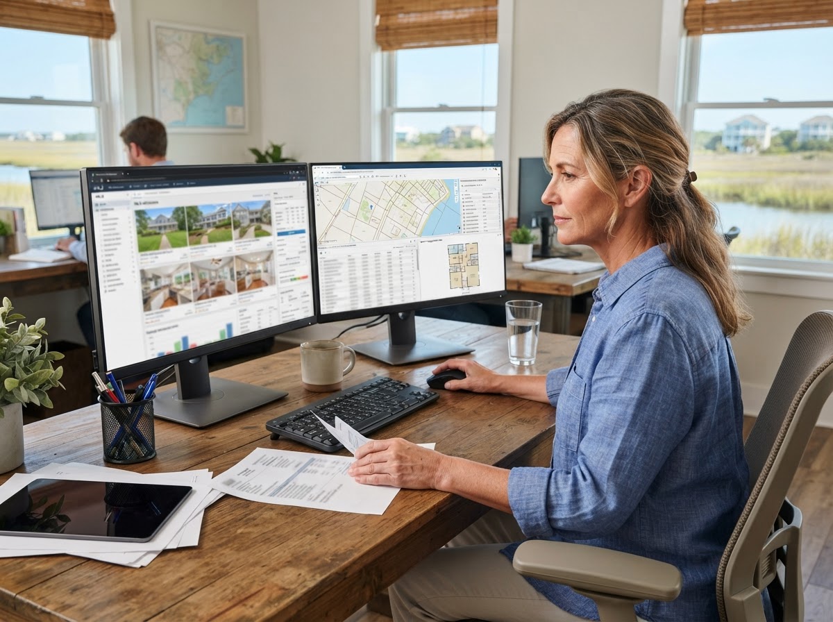 Appraiser working at a computer with property photos, a map, and a floor plan displayed