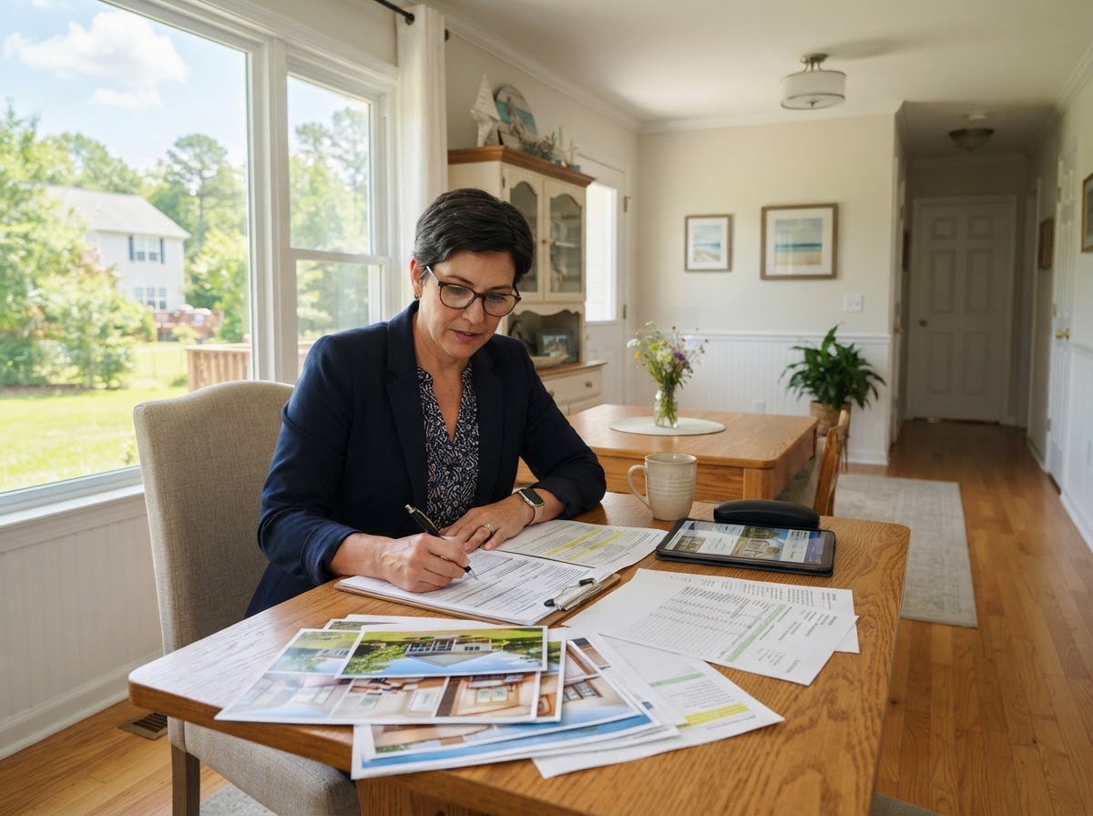 Appraiser reviewing property photos and financial paperwork at a modest home's dining table