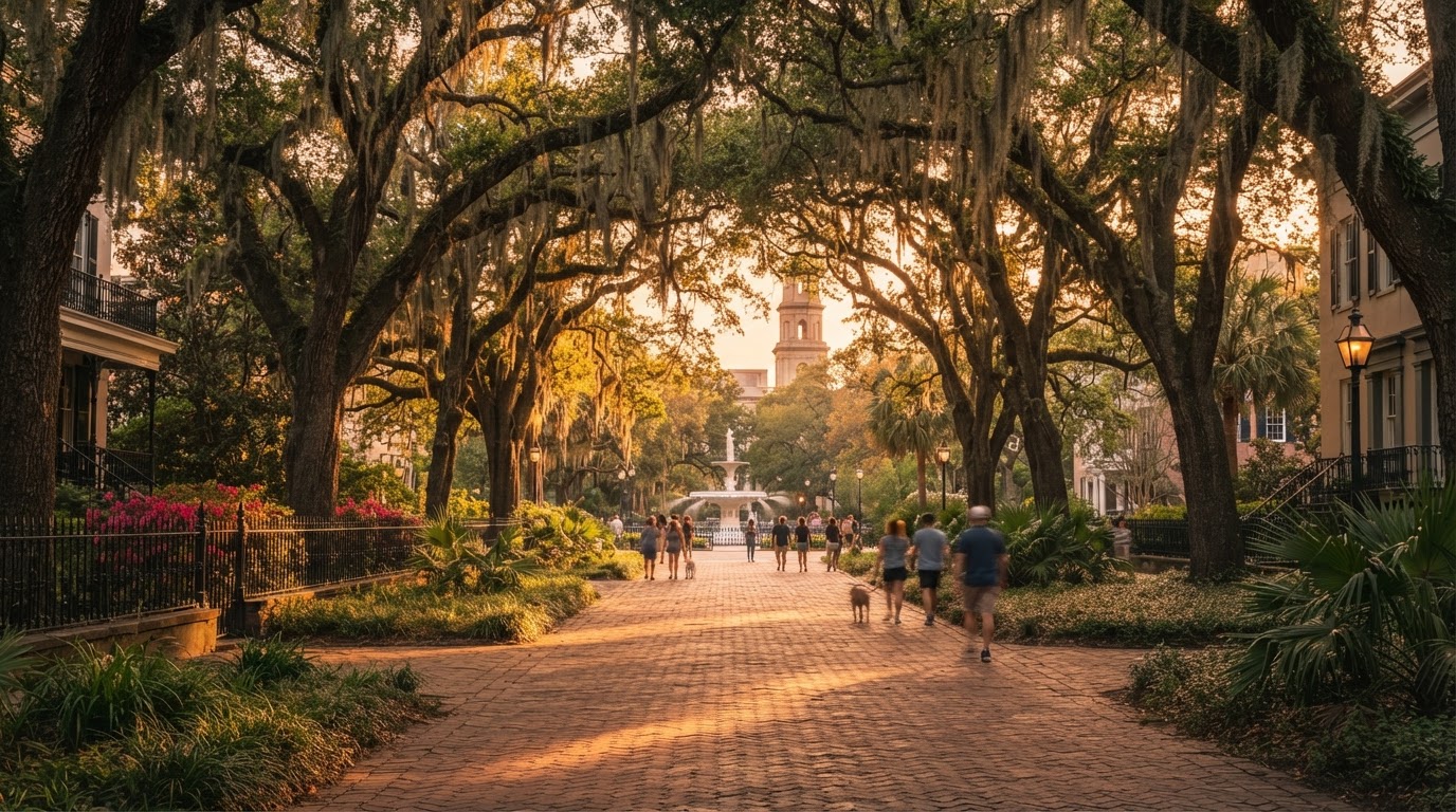 A live oak avenue in Savannah draped in Spanish moss at golden hour