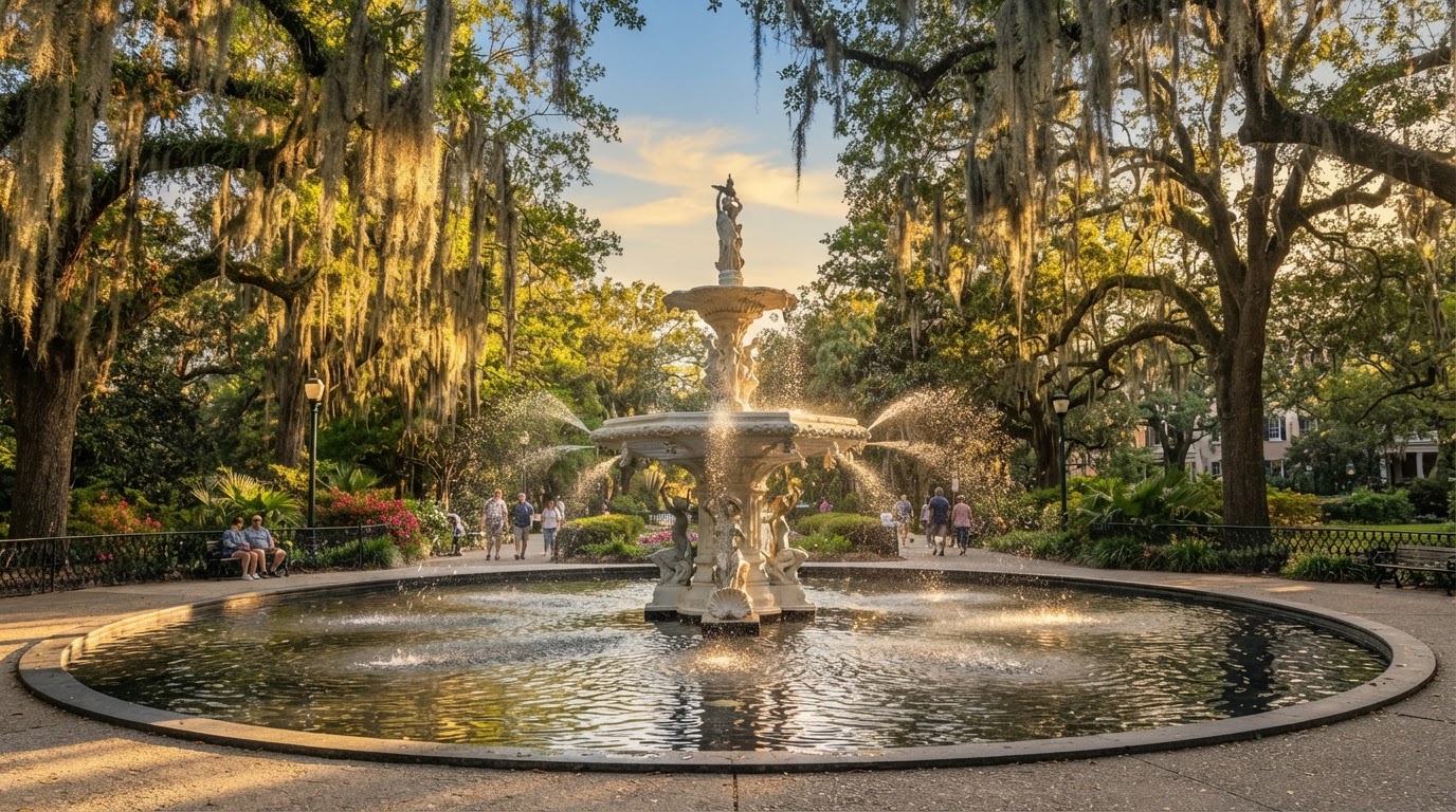 Forsyth Park's historic fountain surrounded by live oaks with Spanish moss