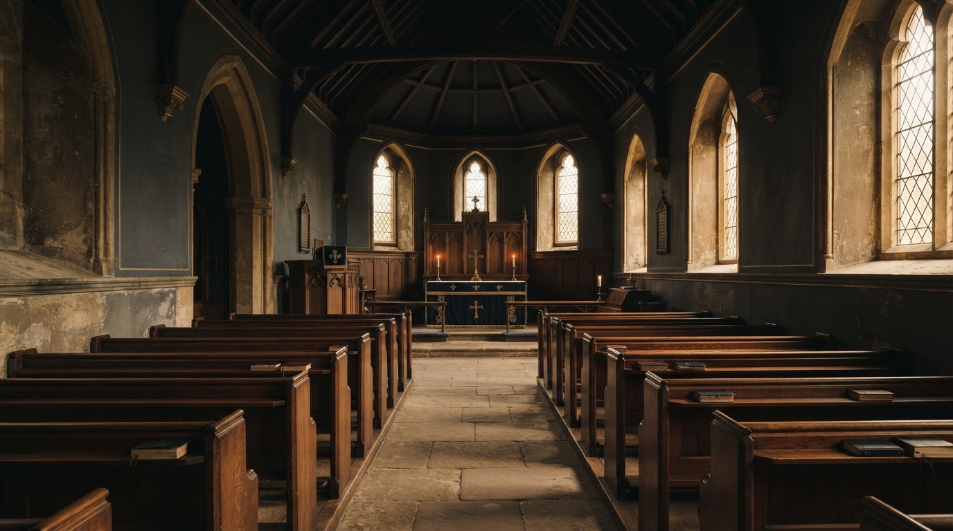 A softly lit traditional British chapel interior with polished dark wood and golden light