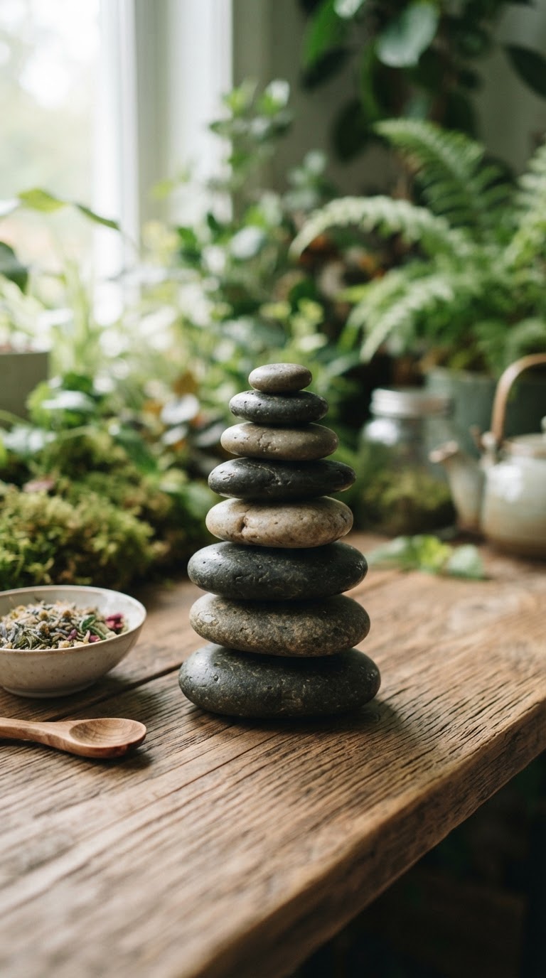 Piedras zen equilibradas que simbolizan salud, consciencia y confianza