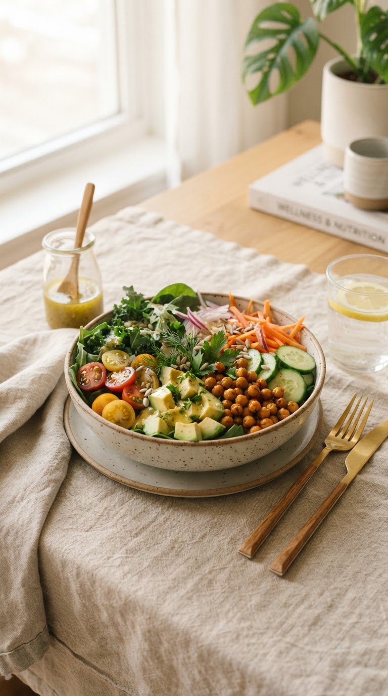 Bowl saludable con ensalada fresca, aguacate y garbanzos