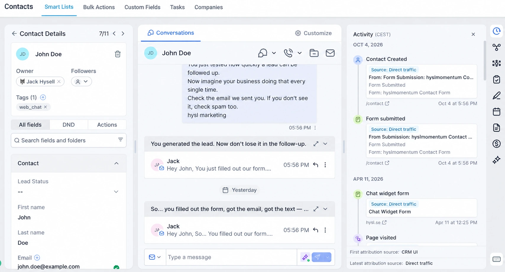 Contact Details — conversation history, activity and source attribution