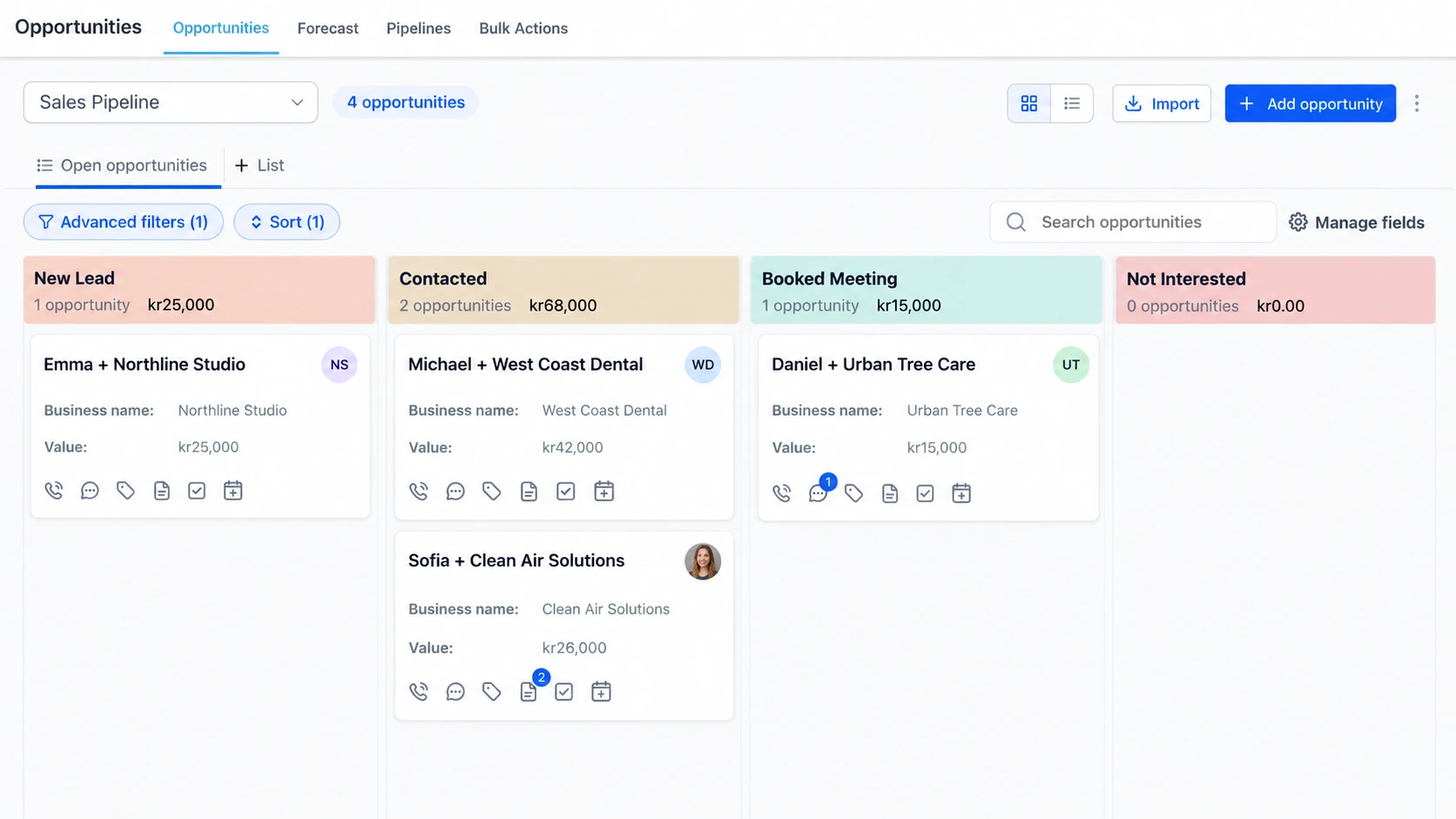 CRM & Sales Pipeline — opportunities and lead stages
