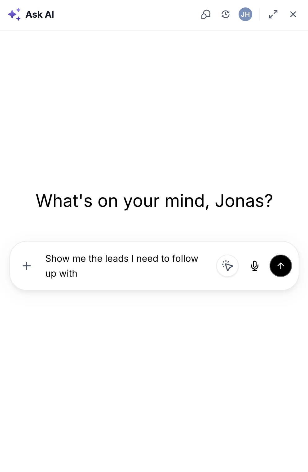 Ask AI — conversational assistant asking What's on your mind?
