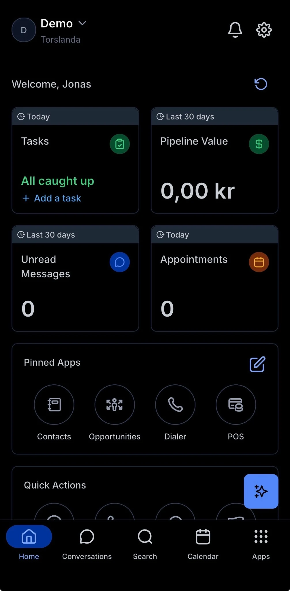 Mobile app — dashboard, tasks, pipeline value, unread messages, and appointments