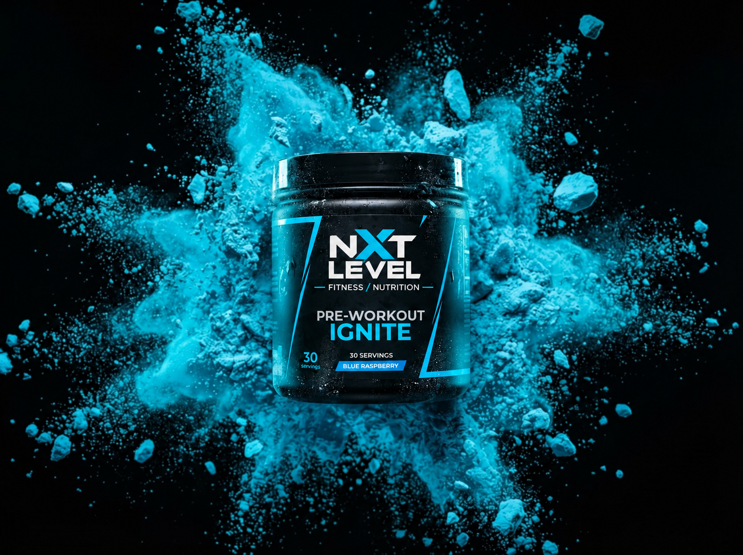 NXT LEVEL Pre-Workout Ignite tub in Blue Raspberry with exploding cyan powder blast