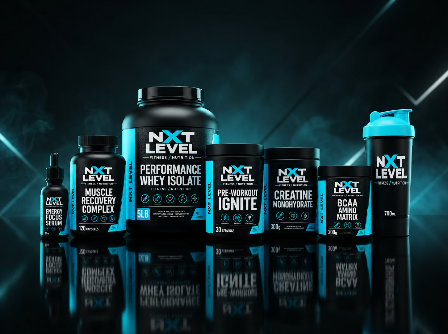 NXT LEVEL complete performance supplement lineup including Whey Isolate, Pre-Workout Ignite, and Creatine