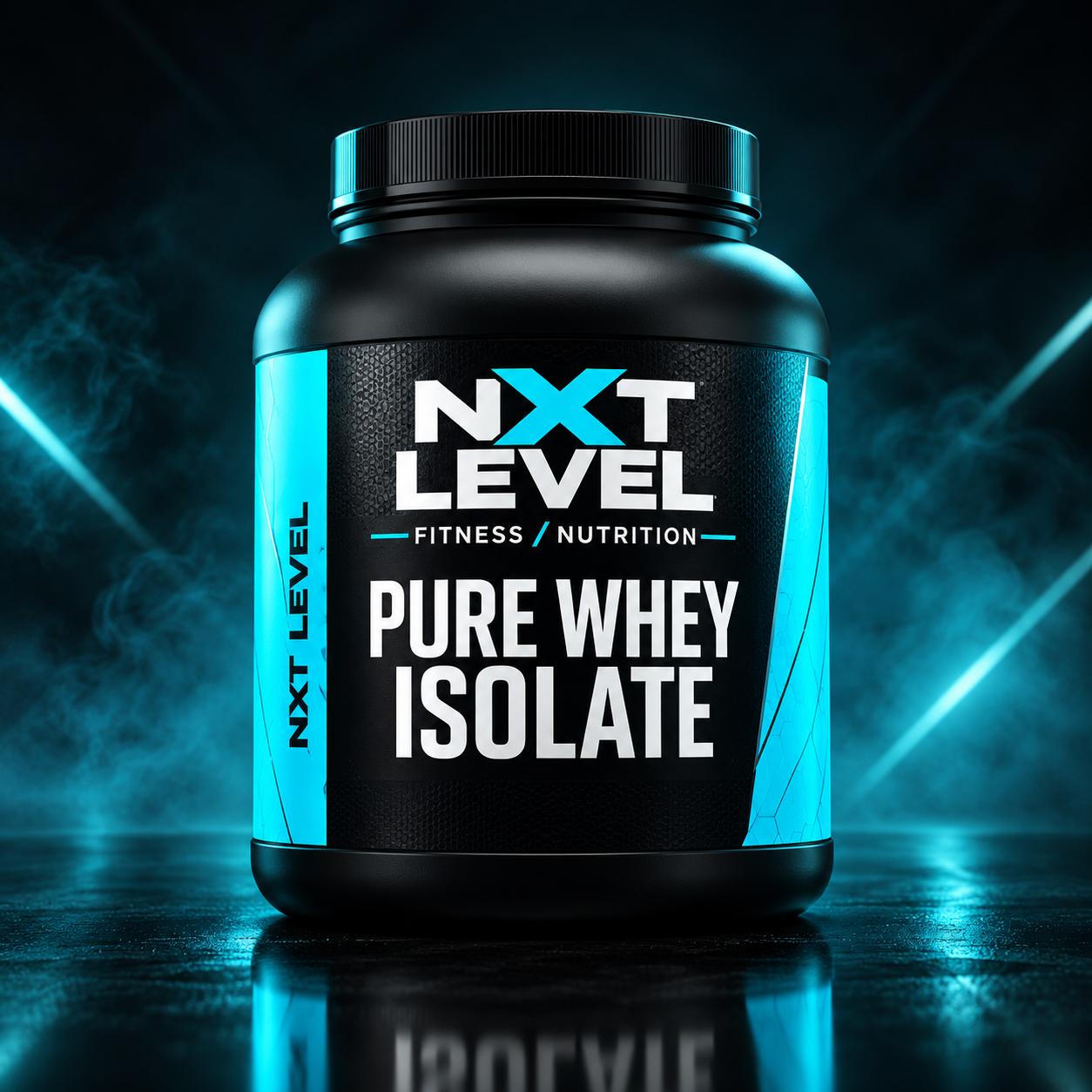 NXT LEVEL Pure Whey Isolate tub in matte black with electric cyan accents and rim lighting