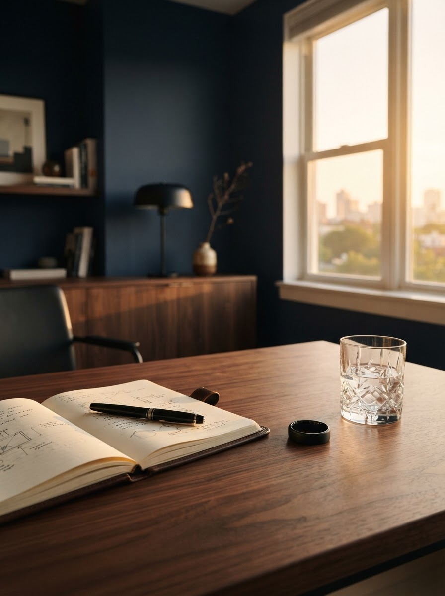 The coaching environment of Angus Buckle — a refined executive workspace at golden hour