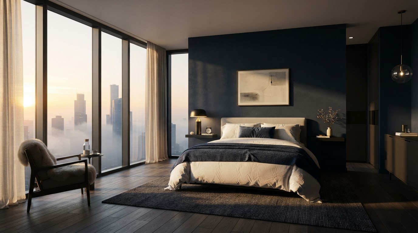 Serene luxury bedroom at dawn with warm golden light