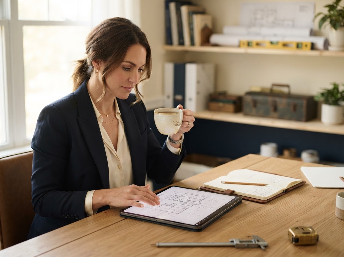 A trades business owner reviewing plans at a clean desk with a cup of tea