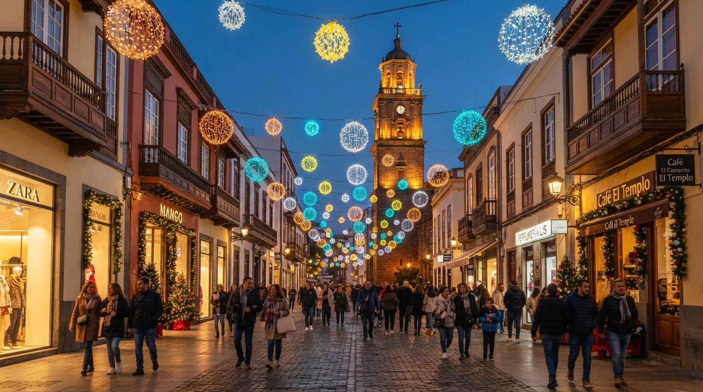 Calle comercial canaria al anochecer con luces navideñas discretas