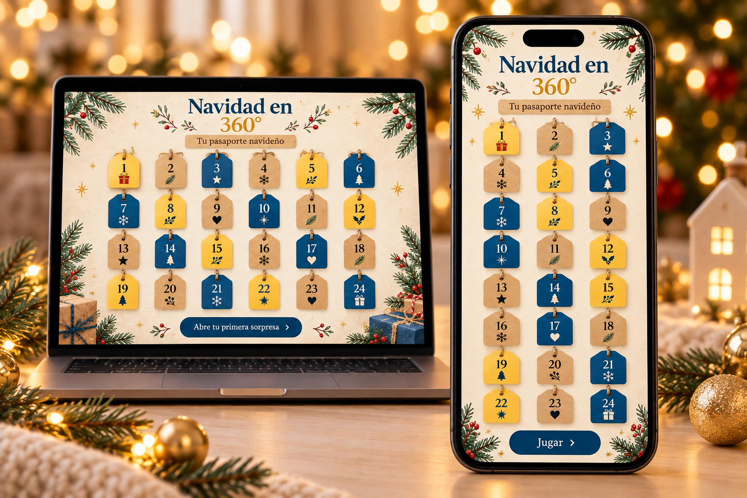 Experiencia del visitante explorando el Calendario de Adviento en 360° desde el móvil y portátil