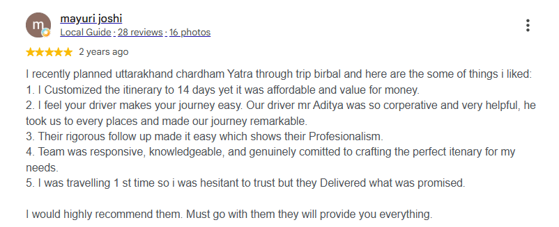 Google review by Mayuri Joshi for Trip Birbal Char Dham Yatra