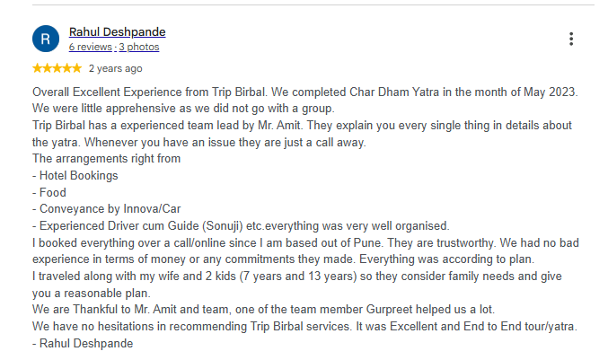 Google review by Rahul Deshpande for Trip Birbal Char Dham Yatra