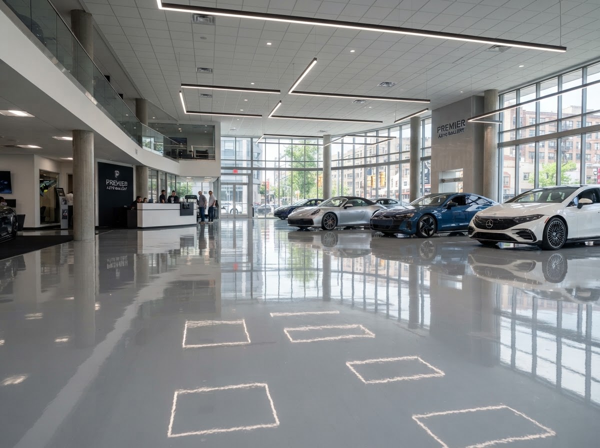 Commercial automotive showroom high-gloss epoxy floor in Worcester MA