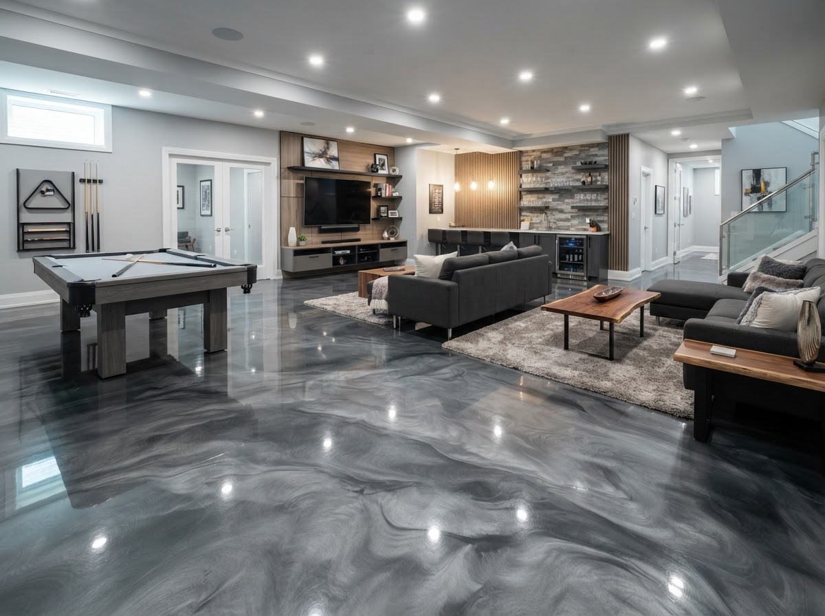 Finished basement metallic epoxy flooring installation in Worcester MA