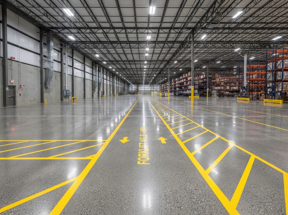 Illustrative industrial warehouse epoxy flooring example with safety line striping