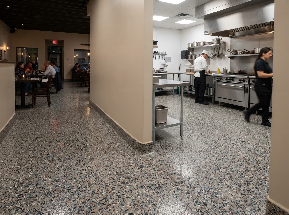 Commercial restaurant dining and kitchen quartz epoxy floor in Worcester MA