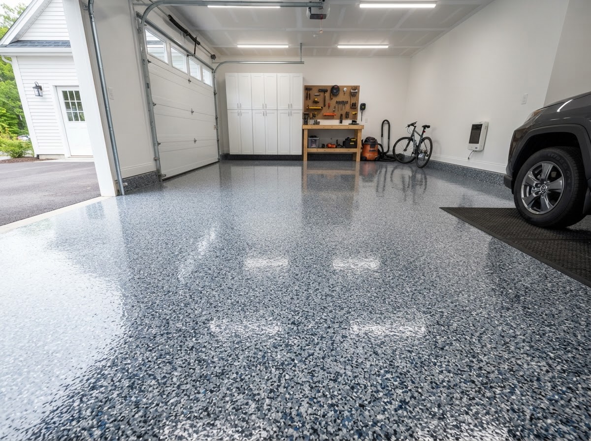 Completed two-car garage decorative flake epoxy floor in Worcester MA