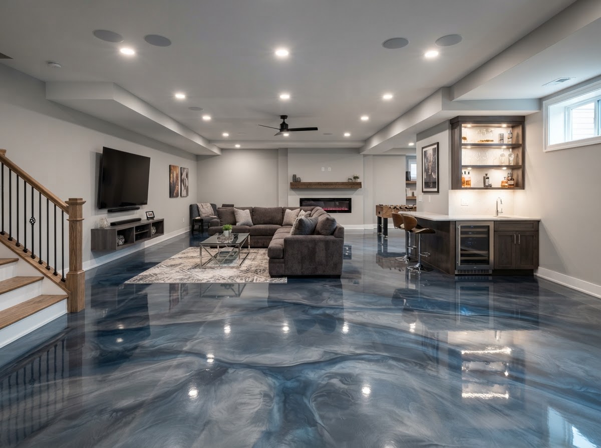 Illustrative residential basement epoxy flooring example in Worcester