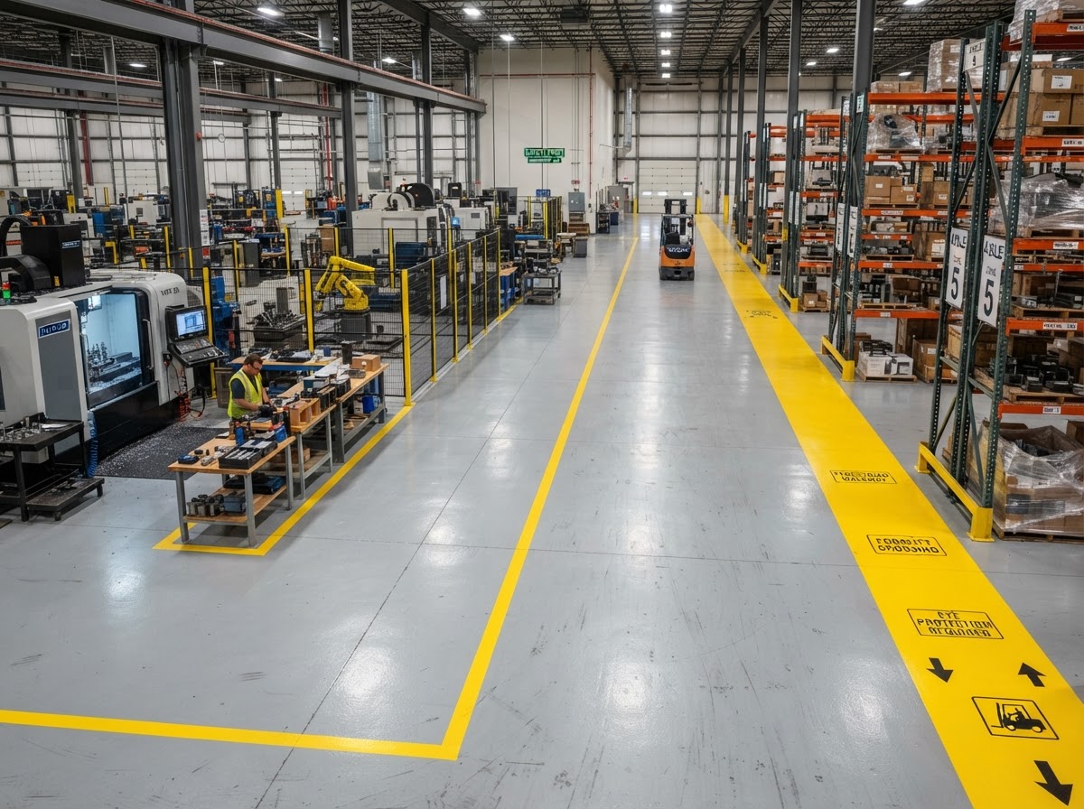 Industrial warehouse concrete floor with heavy-duty epoxy coating and safety yellow line striping