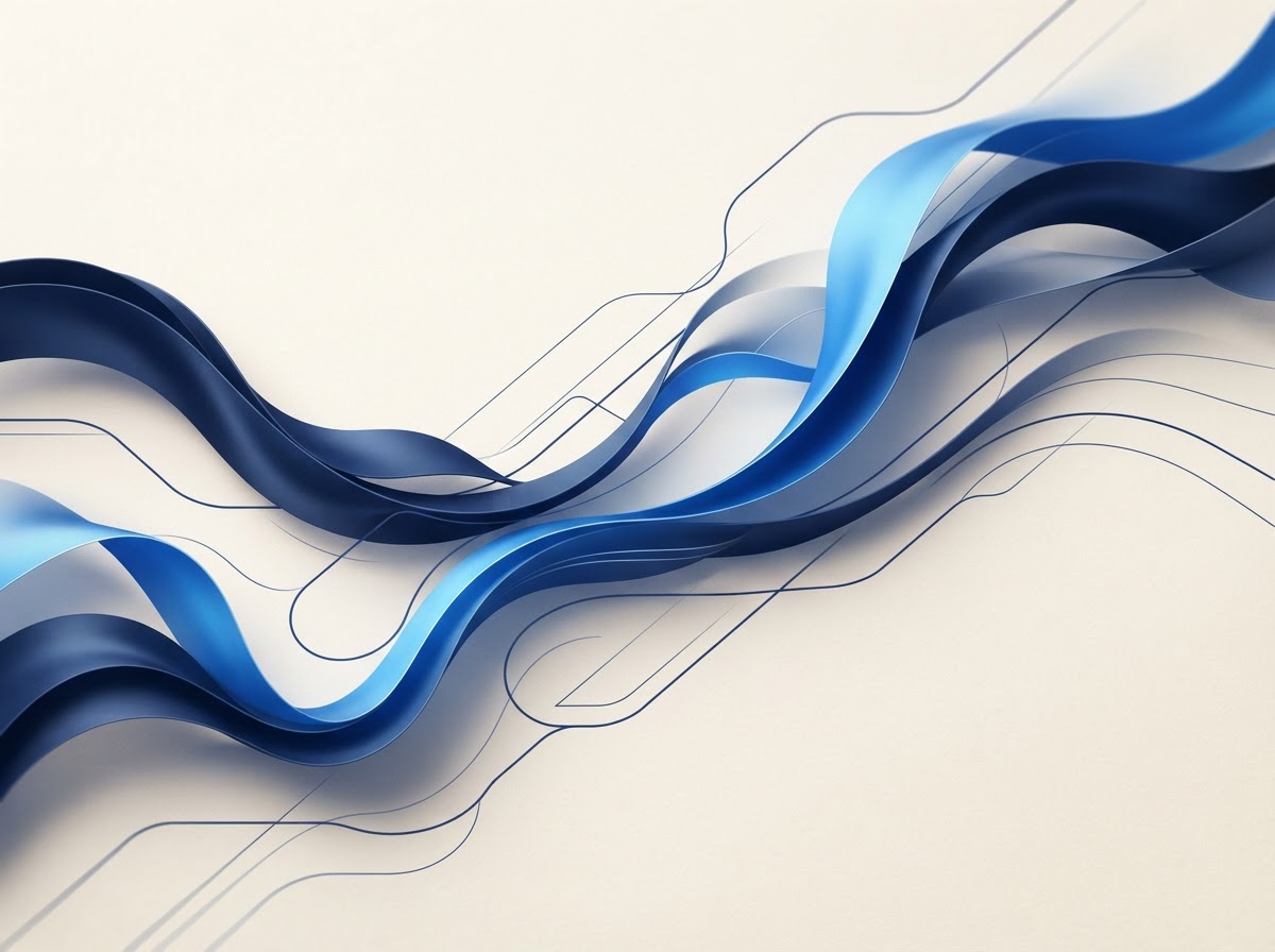 An abstract editorial composition of flowing ribbons and precise lines, representing connected workflows