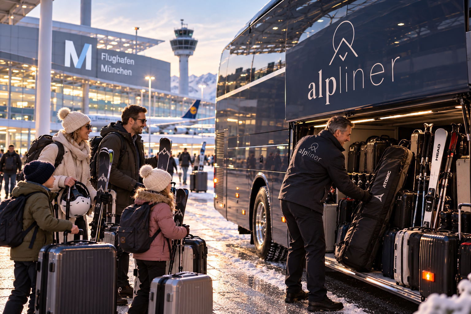 Alpliner Fahrer verlädt Skigepäck und Koffer für eine Familie am Flughafen München