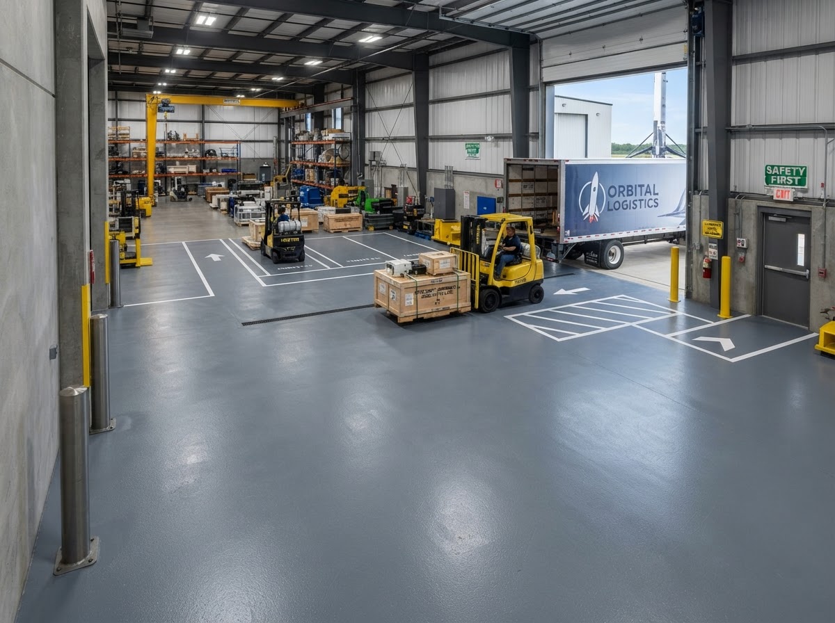 Protective slate gray polyurea coating on a commercial concrete floor