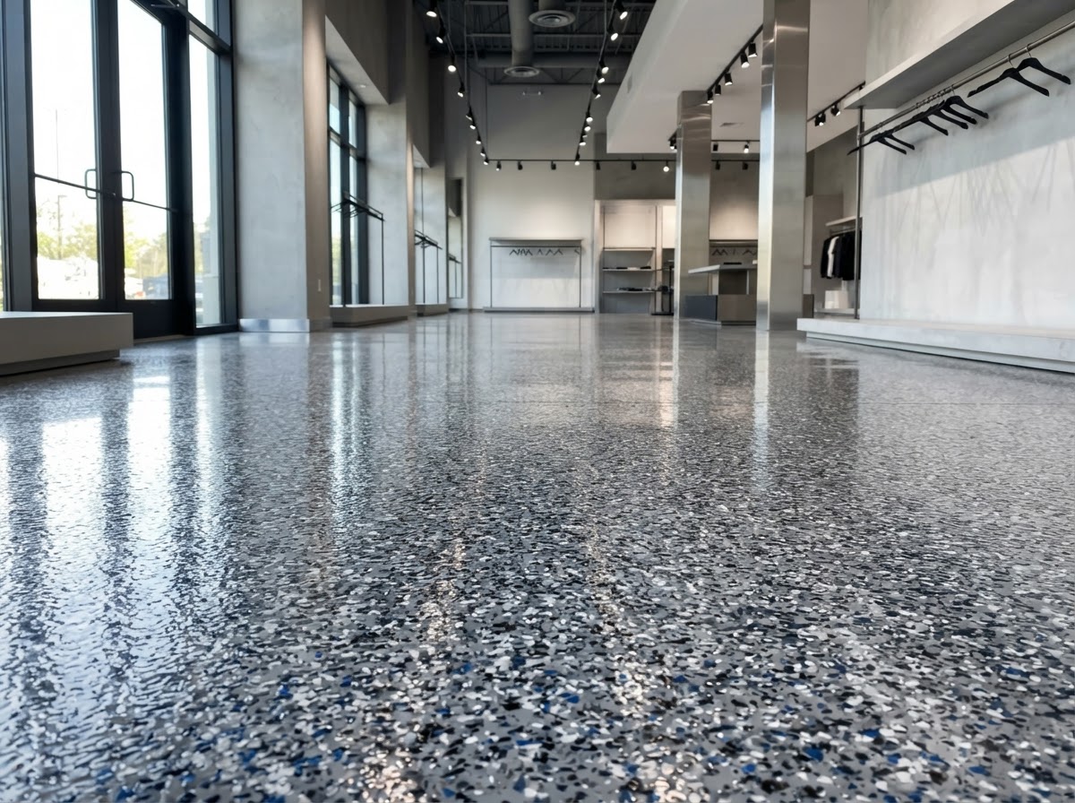 Commercial epoxy flake flooring installed across a retail showroom floor