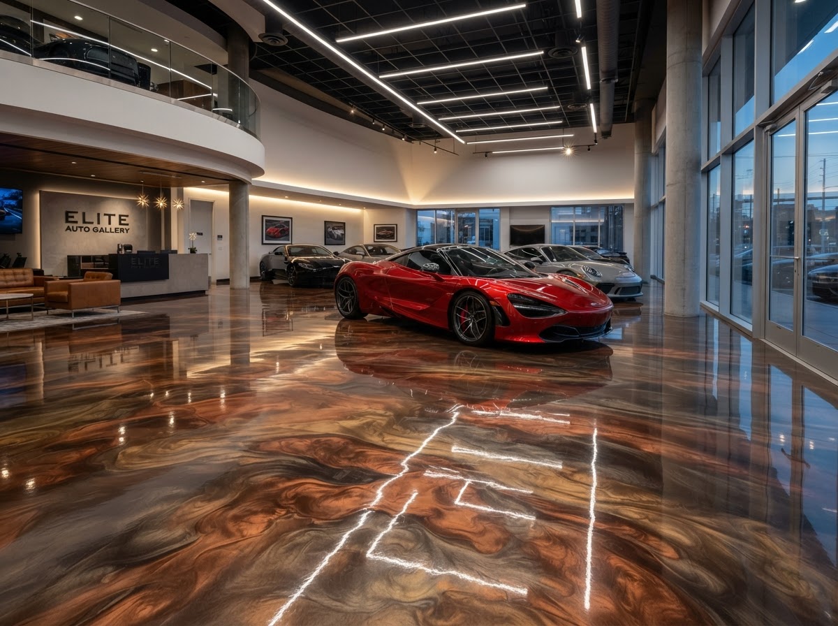 High gloss bronze metallic epoxy floor in an automotive showroom