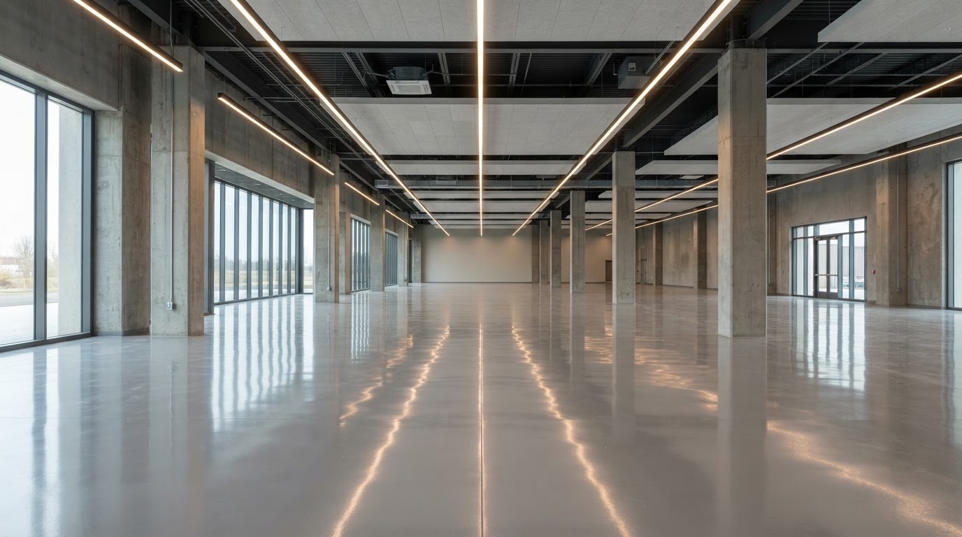 Commercial epoxy concrete floor in a finished business space in Lynn, Massachusetts