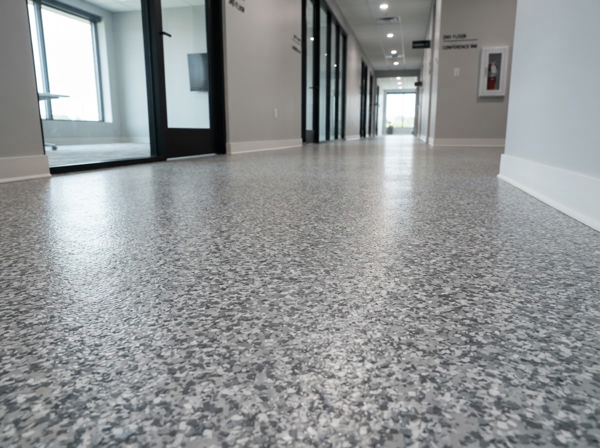 Commercial broadcast epoxy flake flooring in a facility corridor
