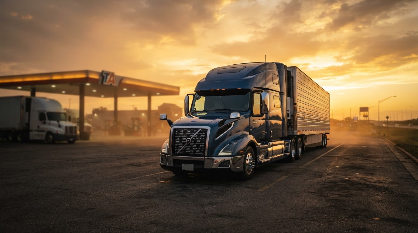 A modern premium semi-truck parked at golden hour
