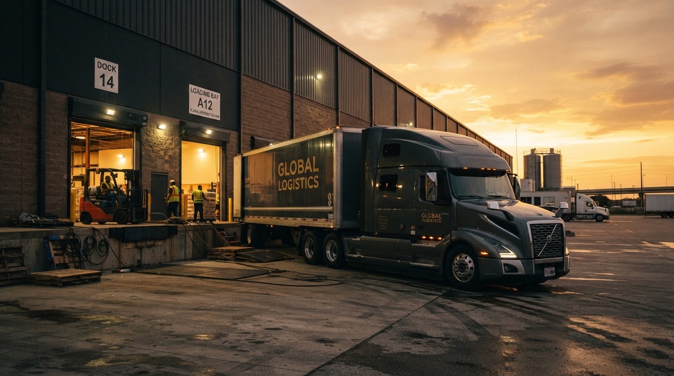 A modern semi-truck at a distribution warehouse loading dock at golden hour