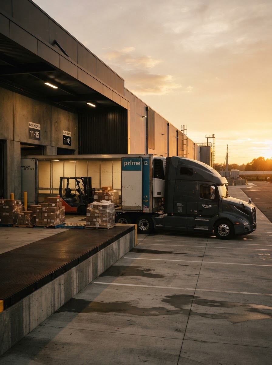 A modern semi-truck at a distribution warehouse loading dock at golden hour