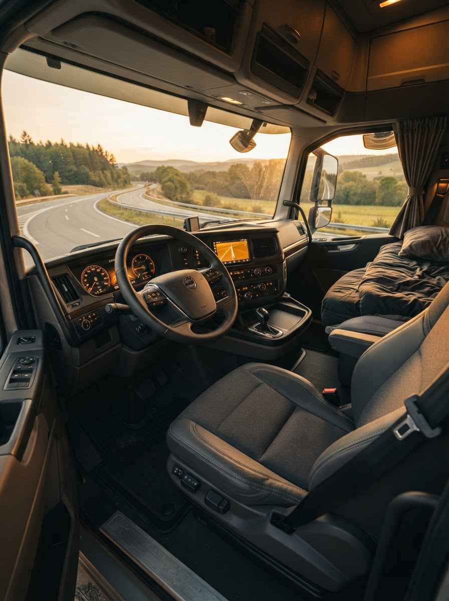 The interior of a modern premium semi-truck cab with a sleek digital dashboard glowing in warm amber light