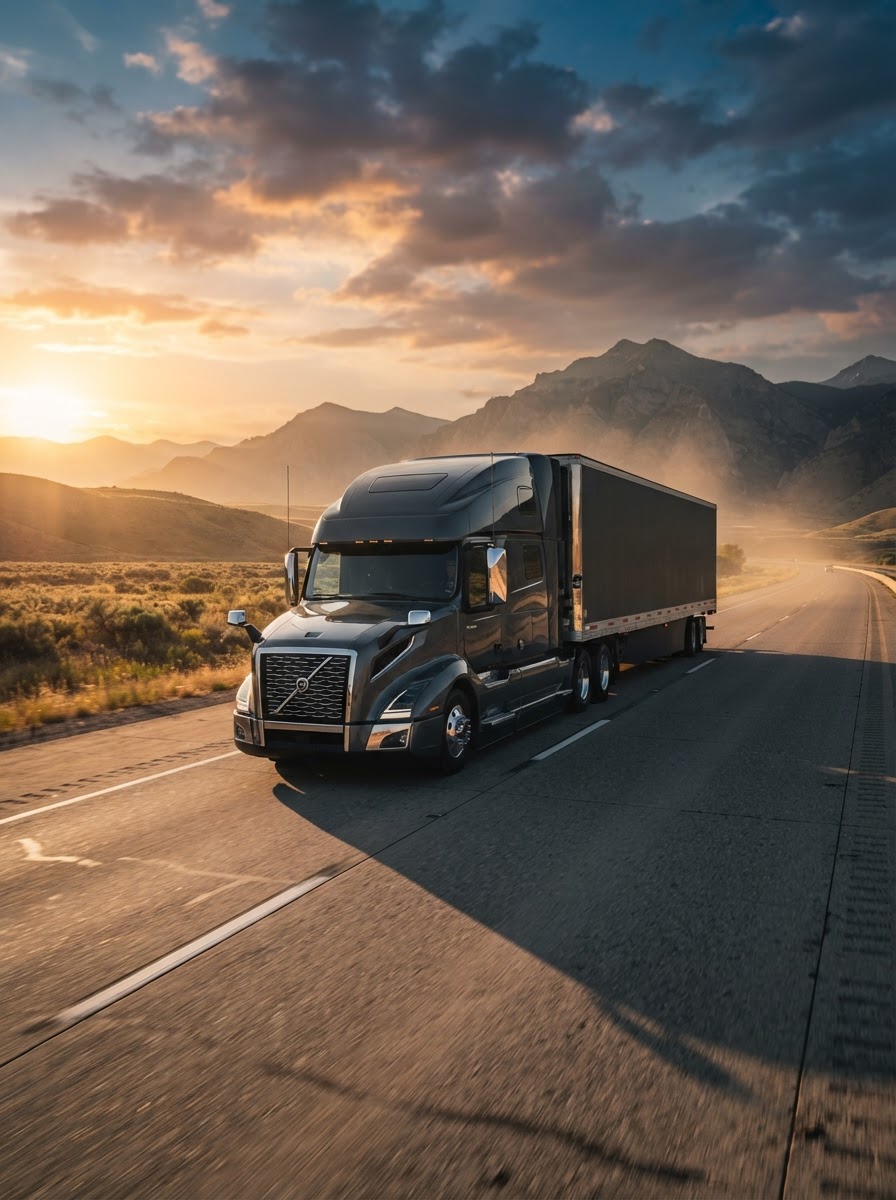 A premium modern semi-truck with a sleek branded trailer driving on an open highway at golden hour, color-graded in warm gold tones