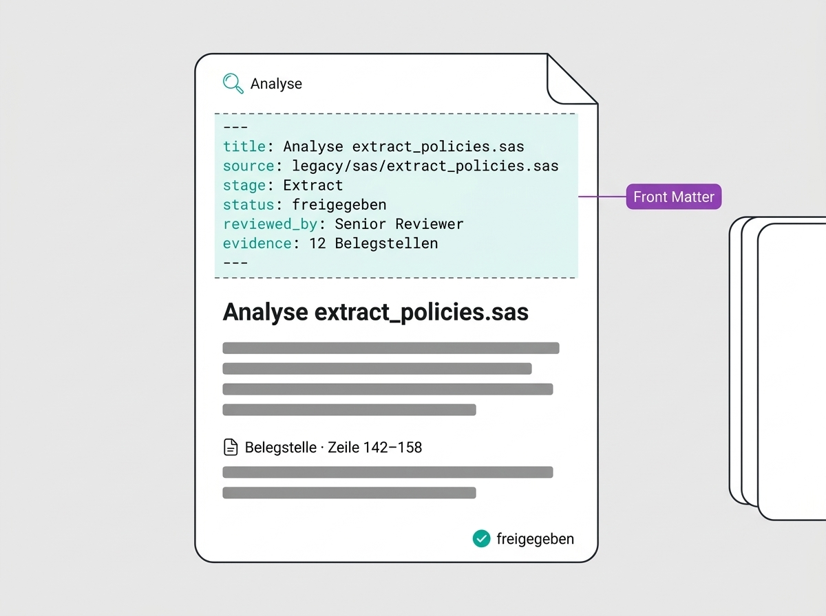 Analyse-Seite mit Front Matter – YAML Header, Belegstellen und Freigabe-Status
