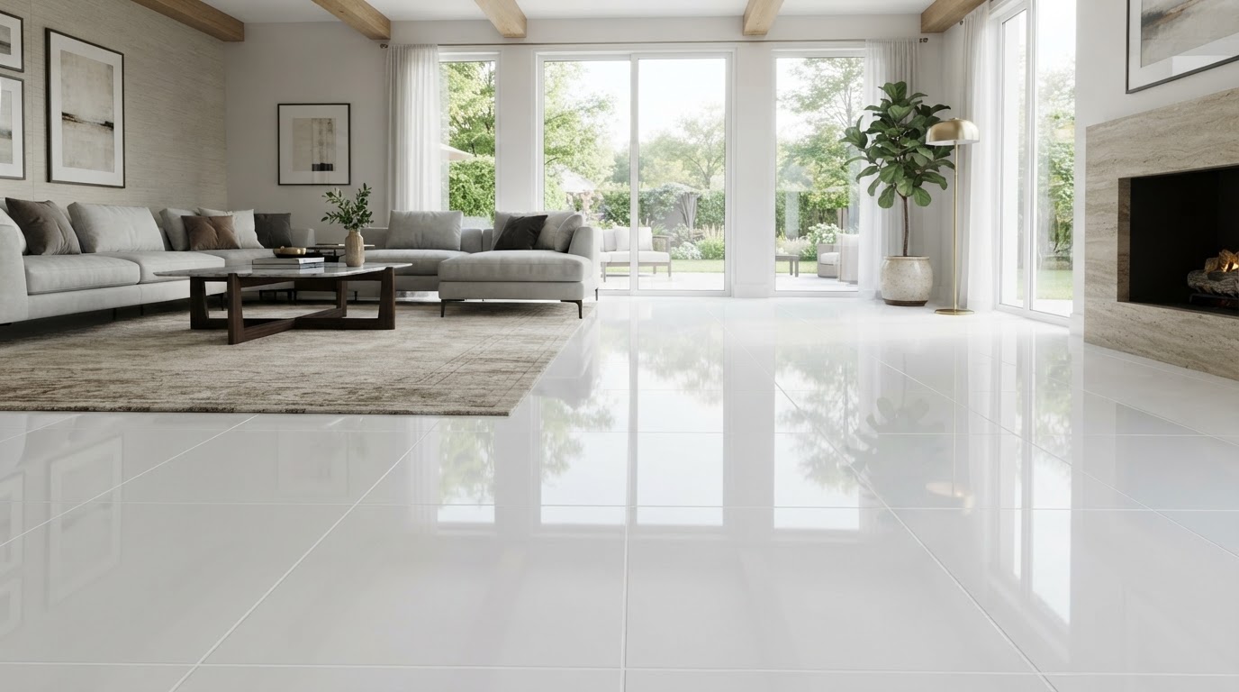 Pristine white tile floor in modern living room cleaned by Woodland Tile Cleaning