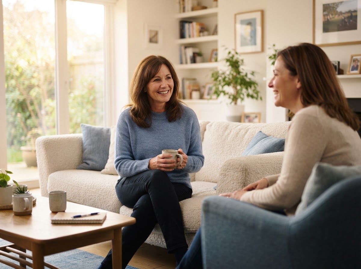 A calm, hopeful homeowner having a trusting conversation in a bright home