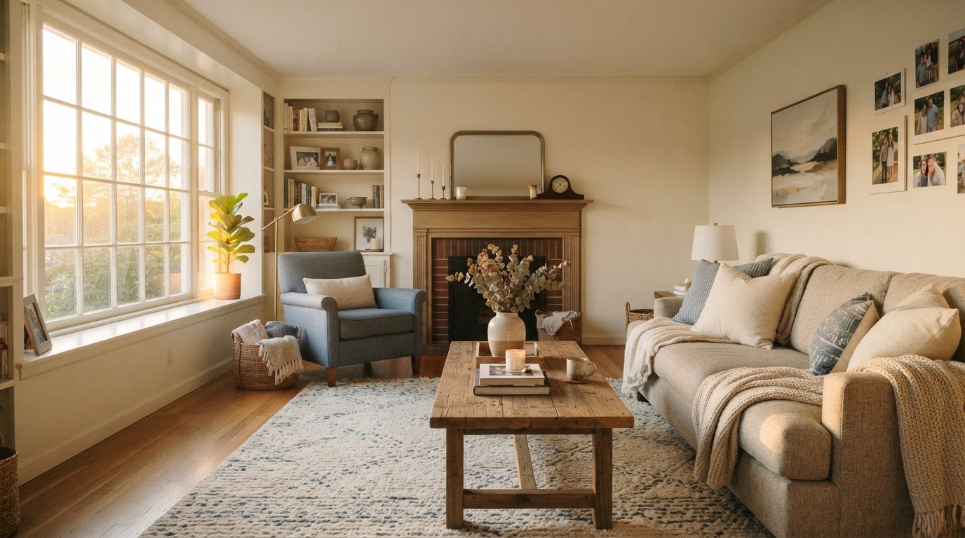 A warm, sunlit home interior that conveys stability and comfort
