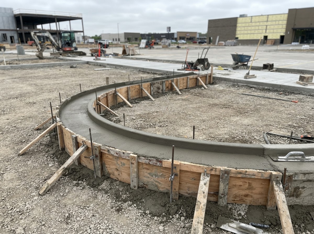 Custom curved concrete curb formwork with radius transitions for a commercial parking lot by JIC Concrete in Collin County TX